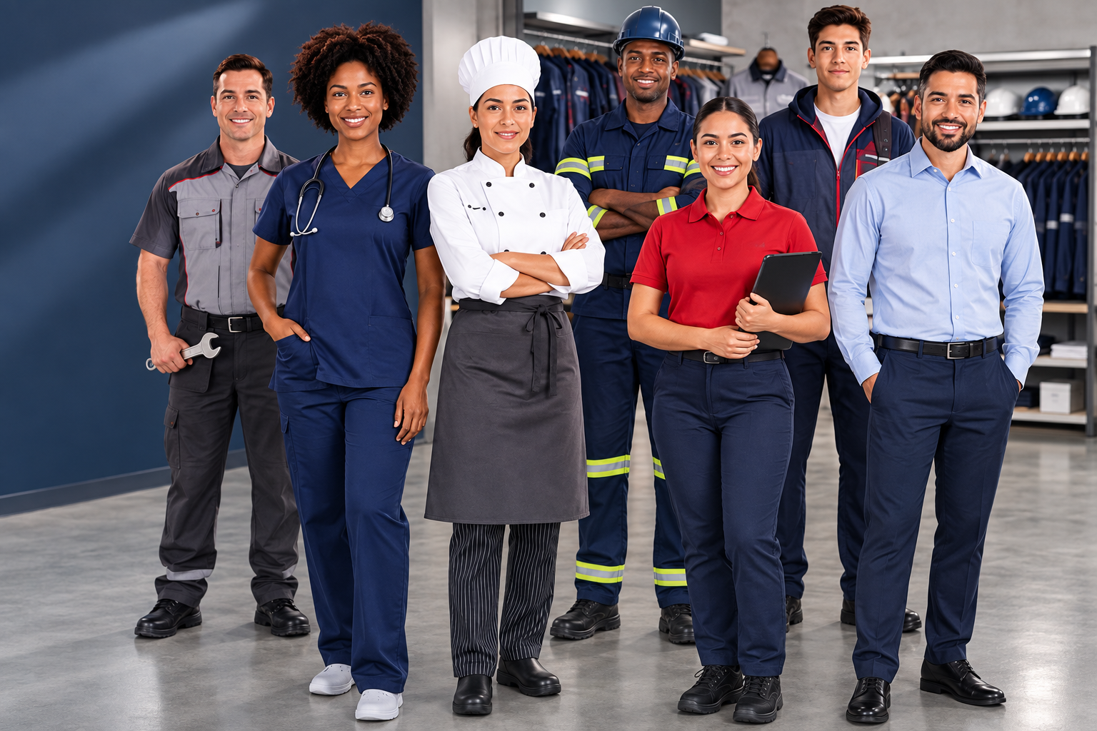 Profissionais brasileiros usando diferentes modelos de uniformes Blink, da linha médica à linha operária