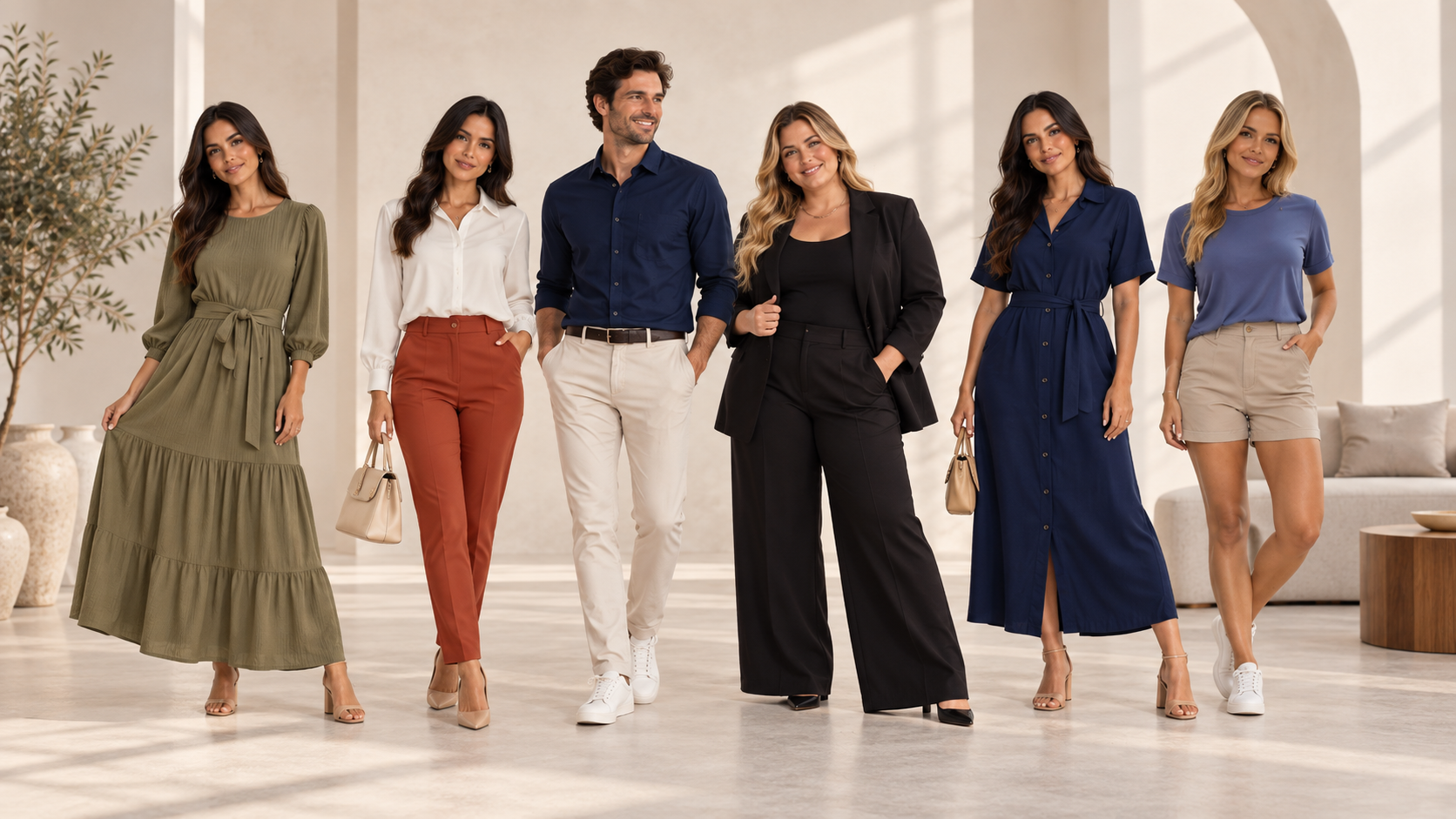 Modelos usando vestidos, camisas, alfaiataria e peças casuais da linha Blink