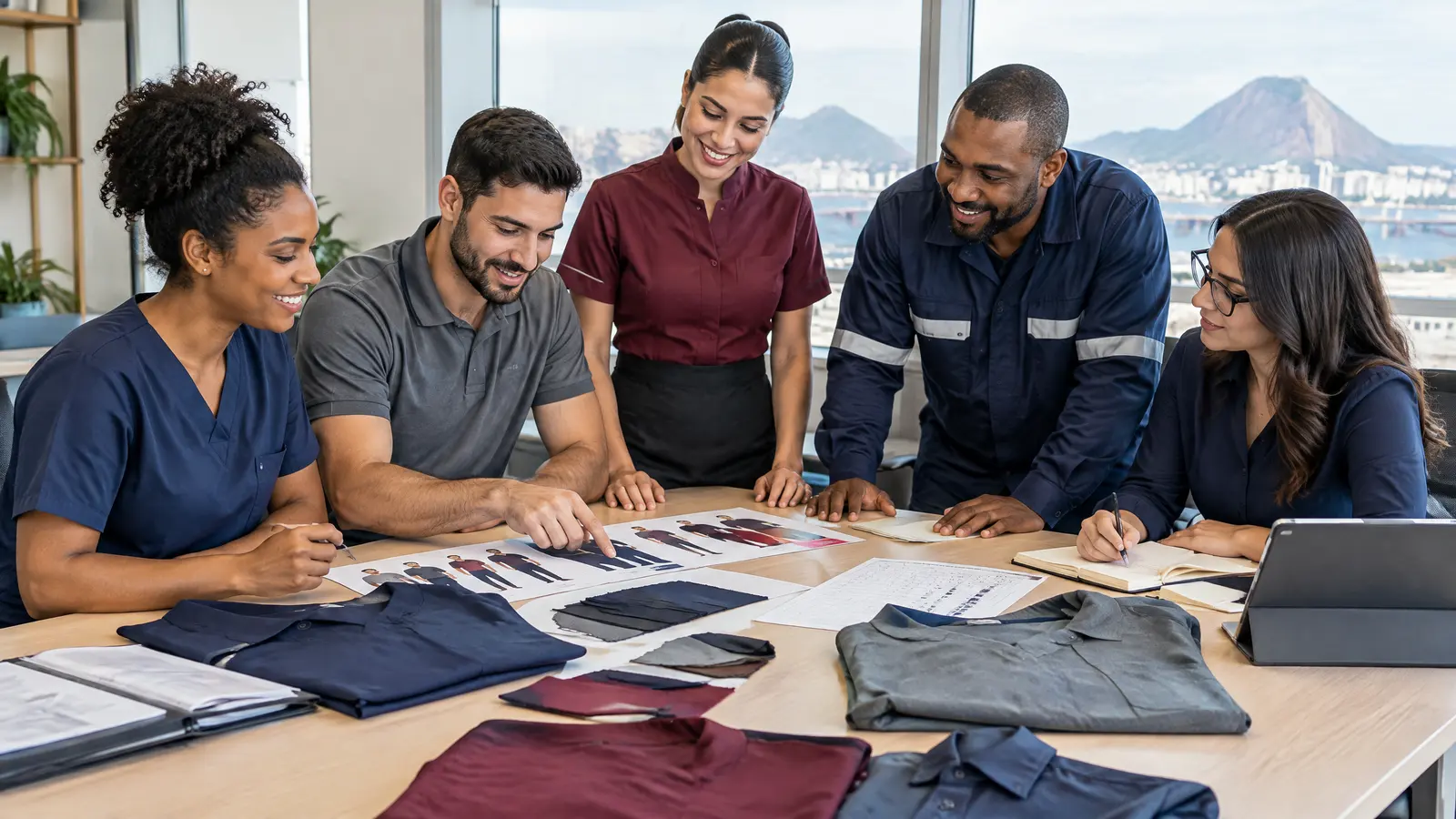 Ilustração de uma equipe organizando a consulta de uniformes profissionais