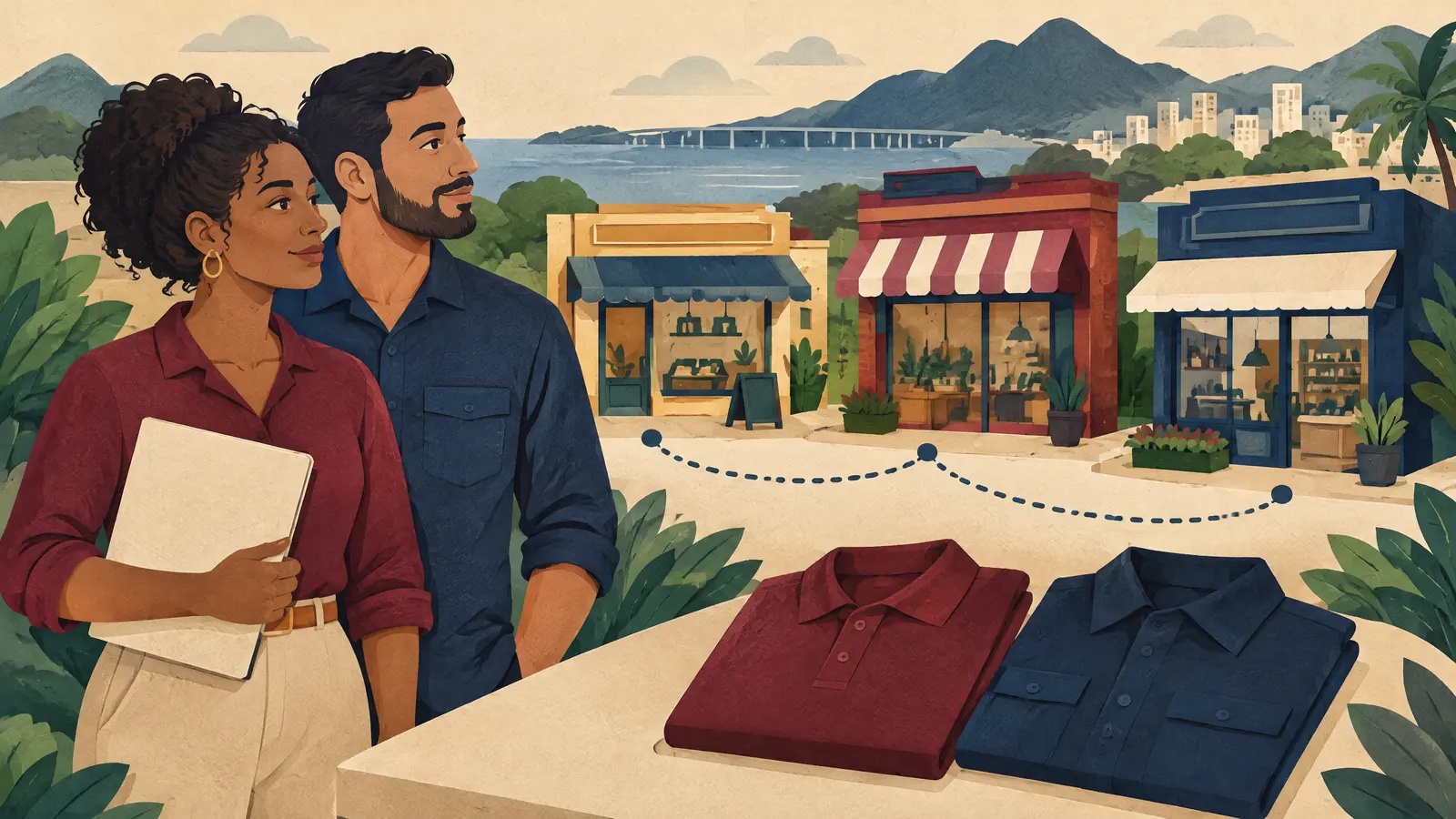 Ilustração conceitual de uma empresa escolhendo pontos de consulta de uniformes