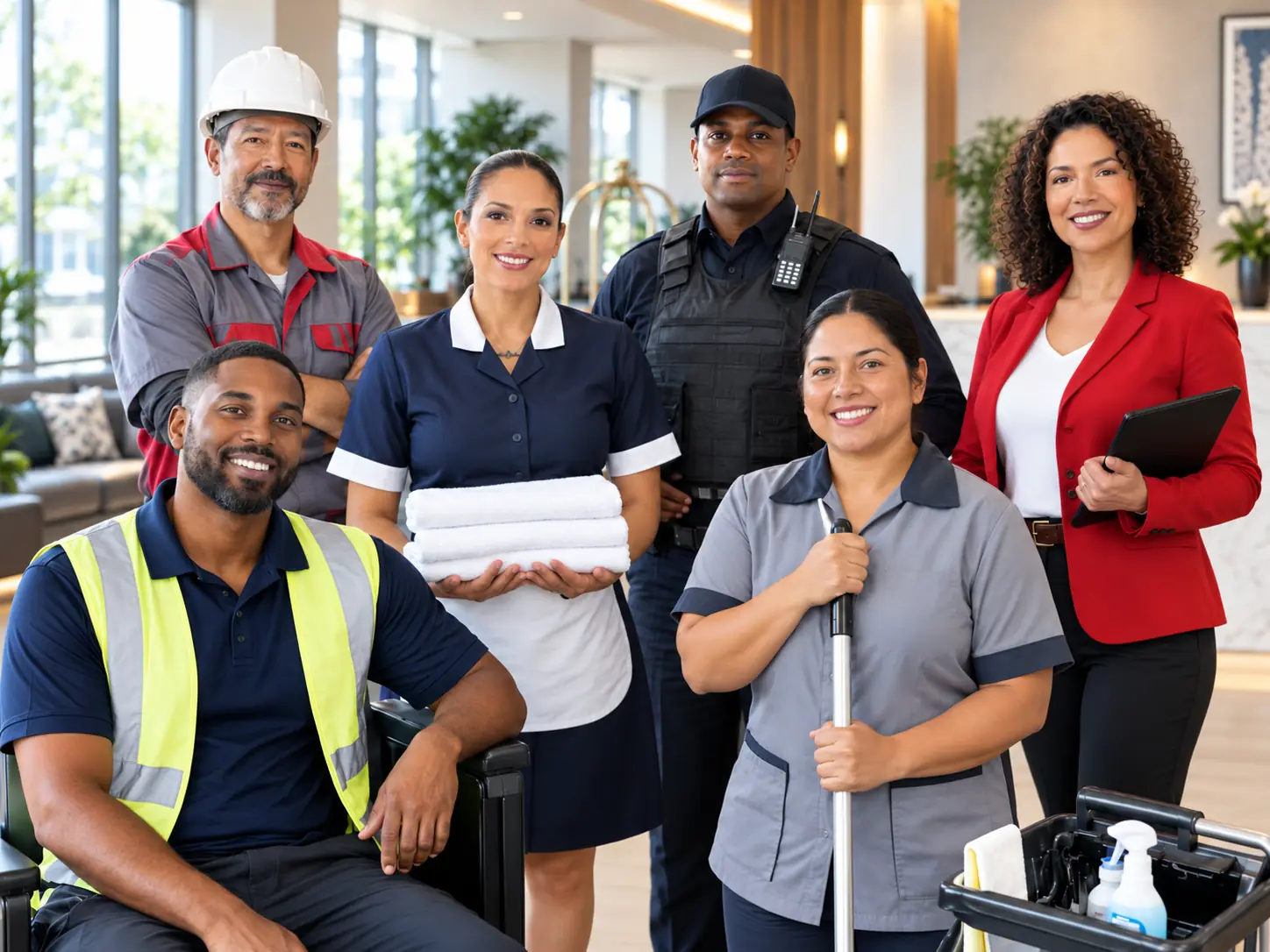 Profissionais brasileiros de transporte, hotelaria, segurança, limpeza e gestão usando diferentes uniformes Blink